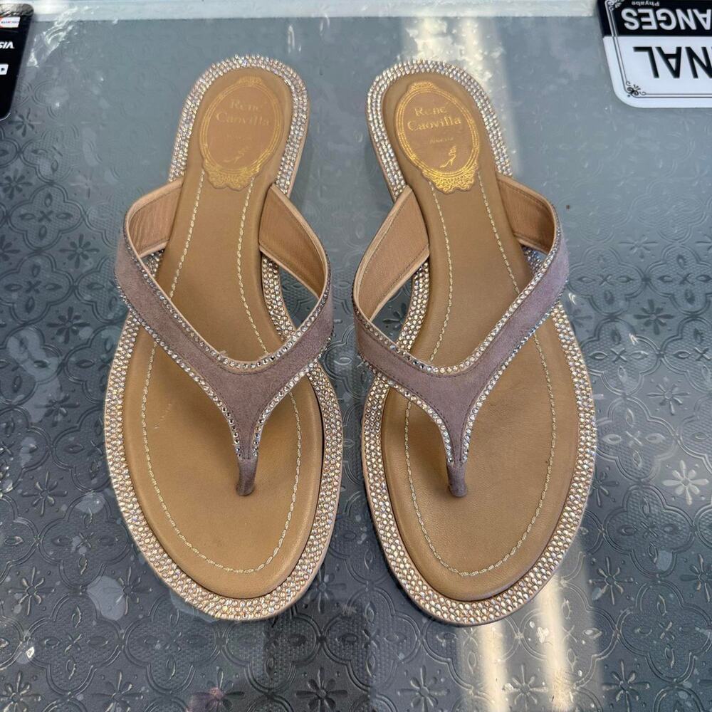 Rene Caovilla Tan Rhinestone Flip Flops Sandals EU 37.5 US 7